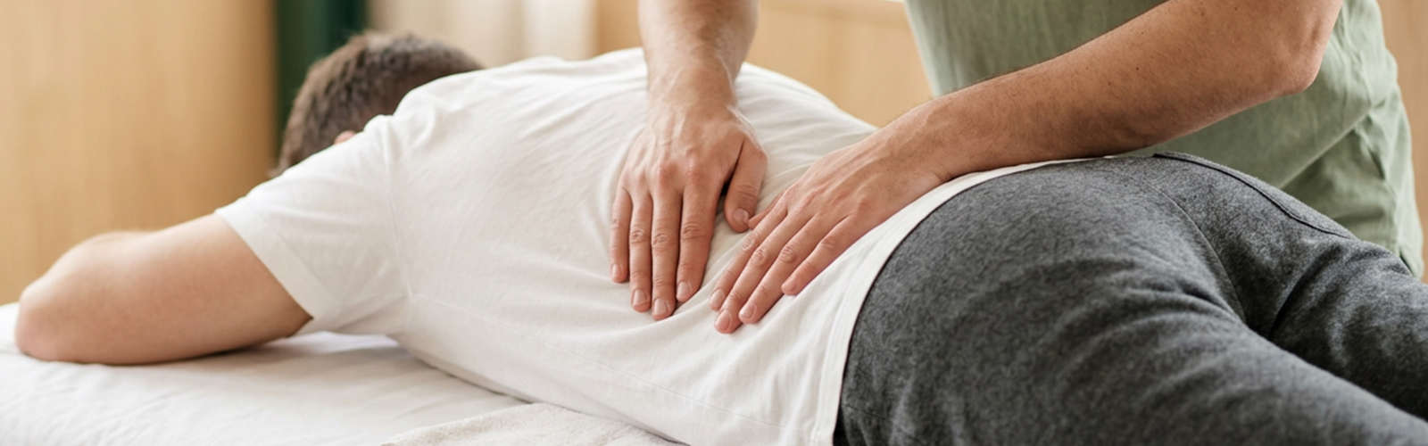 Senior Physiotherapist Ioannis Rellias conducting a lower back pain assessment at Kinesis Clinic in Dubai.